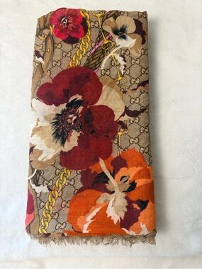 Gucci Floral GG Print Scarf in Brown, Red & Orange
